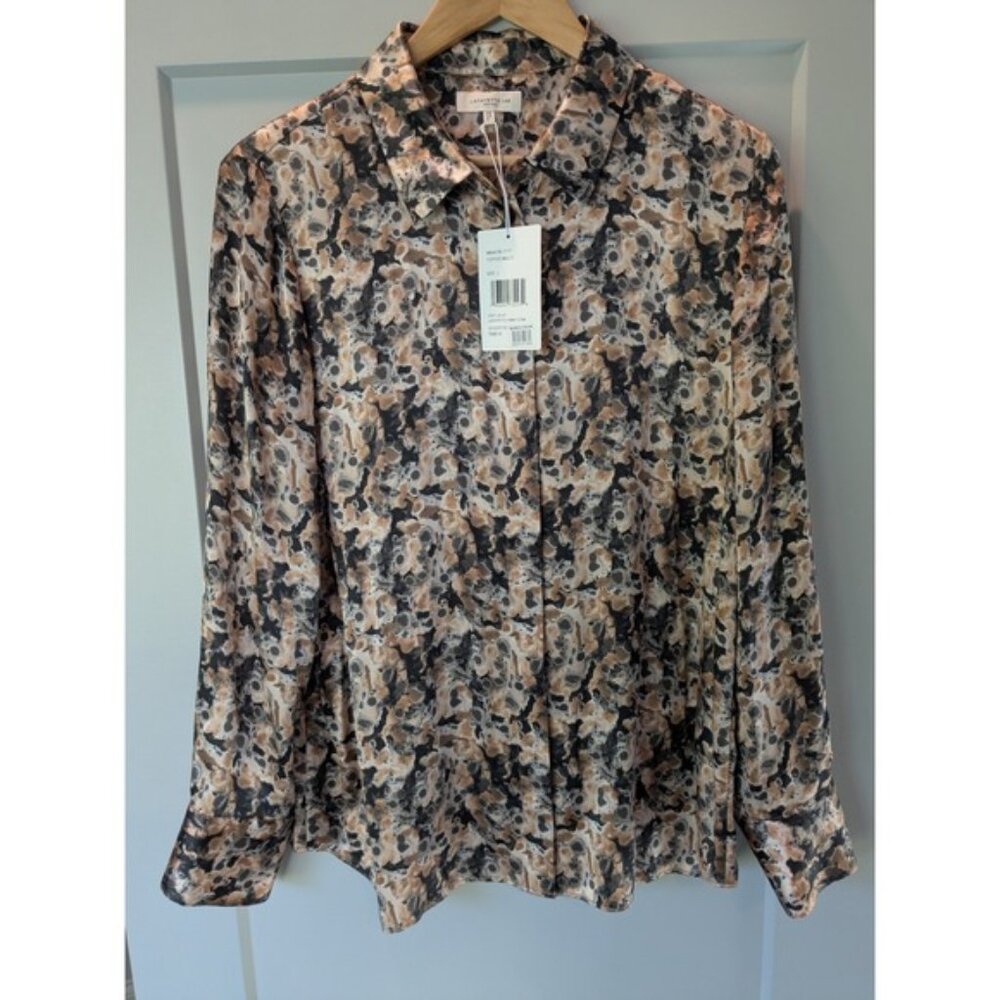 NWT $698 Lafayette 148 New York Silk Blouse Toffee Multi Print Long Sleeve‎ Sz L